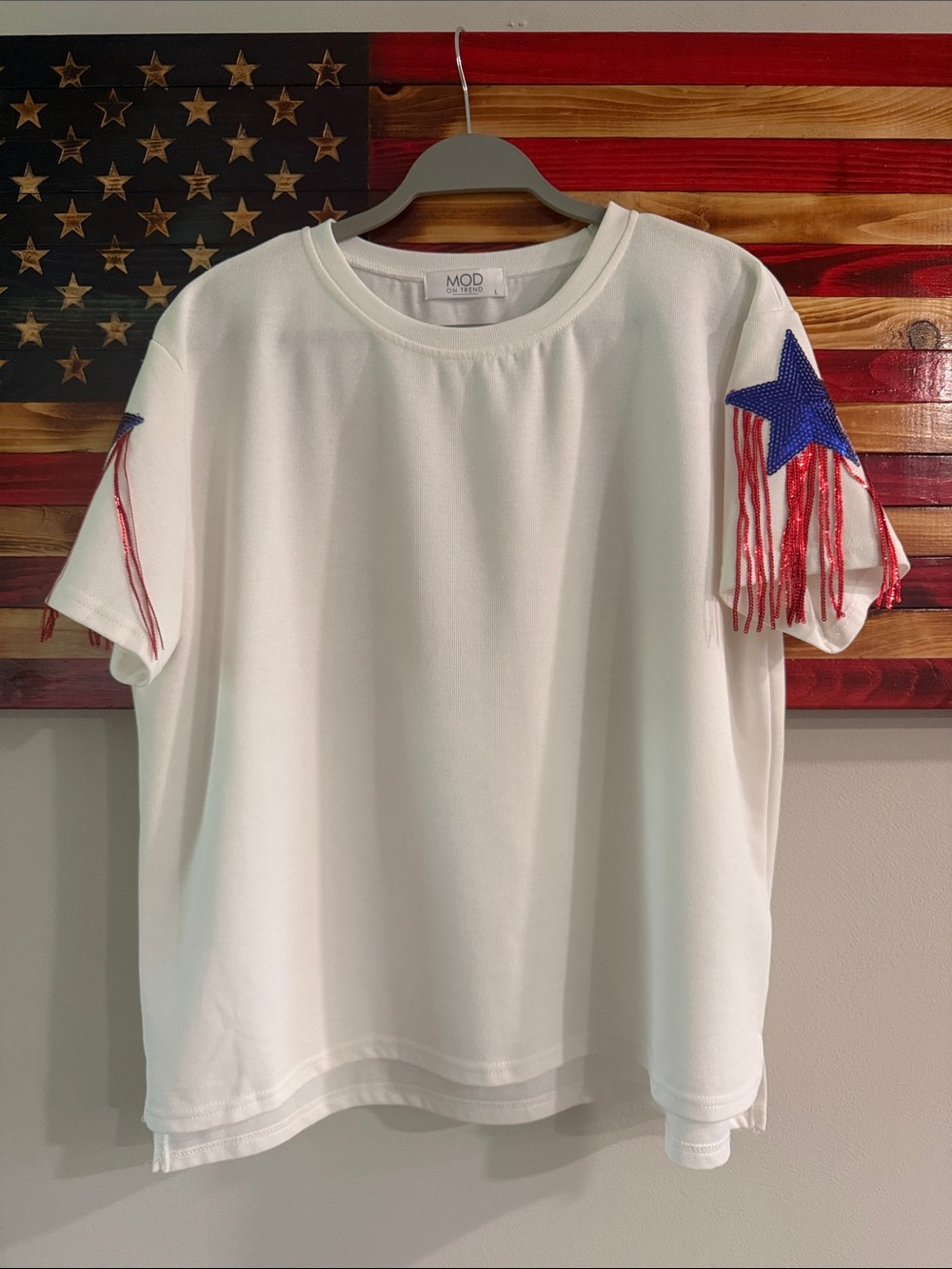 NWOT White Short Sleeve Tee with Blue Star & Red Fringe Sleeve Detail